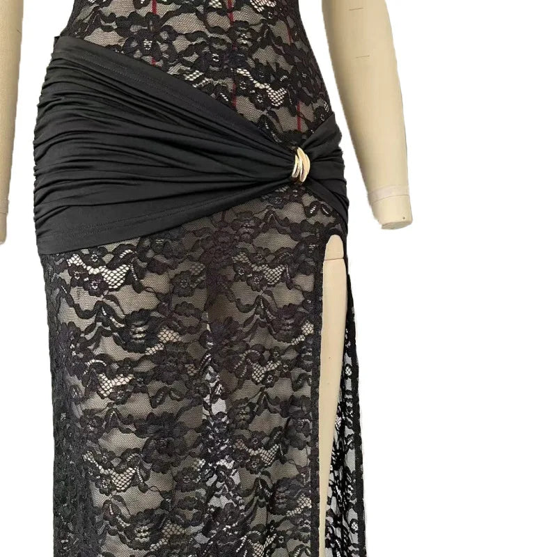 Women Sexy Lace Long Dress Hollow Out Sleeveless High Slit Evening Party Club Dress Vintage Casual Bodycon See Through Vestidos