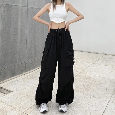 Pantalon cargo ample et décontracté pour femme, taille basse, style jogging, pantalon technique à cordon de serrage, jambes larges, style streetwear Y2K