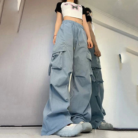 Pantalon cargo femme Y2K taille haute streetwear hip-hop grandes poches, pantalon de survêtement ample à cordon de serrage taille basse décontracté