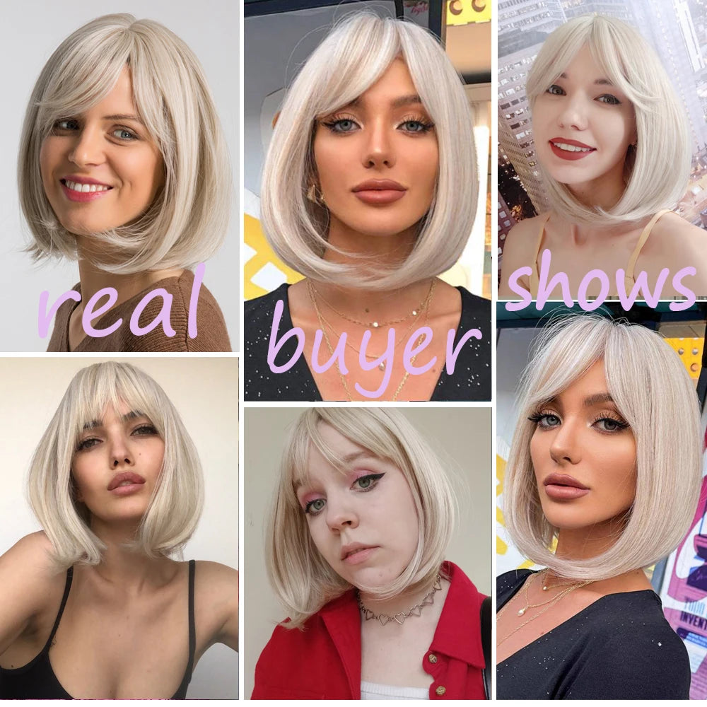 Perruque synthétique blanche, blonde et grise avec frange, coupe courte et lisse, idéale pour le cosplay et le quotidien. Cheveux naturels et résistants à la chaleur.