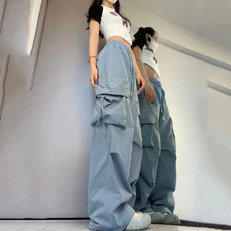 Pantalon cargo femme Y2K taille haute streetwear hip-hop grandes poches, pantalon de survêtement ample à cordon de serrage taille basse décontracté