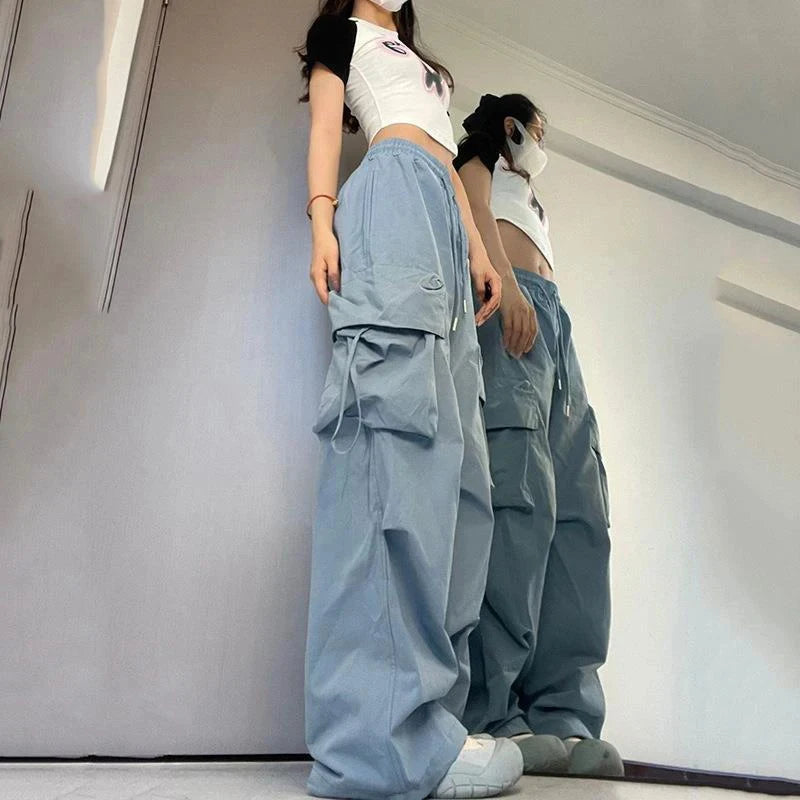 Pantalon cargo femme Y2K taille haute streetwear hip-hop grandes poches, pantalon de survêtement ample à cordon de serrage taille basse décontracté