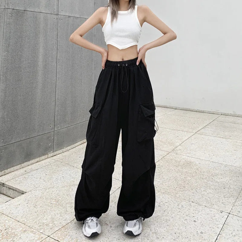 Pantalon cargo ample et décontracté pour femme, taille basse, style jogging, pantalon technique à cordon de serrage, jambes larges, style streetwear Y2K