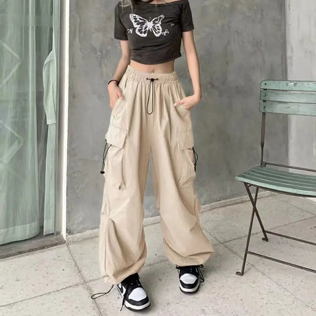 Pantalon cargo ample et décontracté pour femme, taille basse, style jogging, pantalon technique à cordon de serrage, jambes larges, style streetwear Y2K
