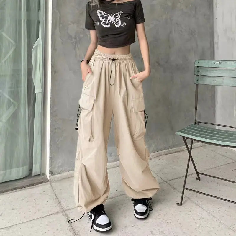 Pantalon cargo ample et décontracté pour femme, taille basse, style jogging, pantalon technique à cordon de serrage, jambes larges, style streetwear Y2K