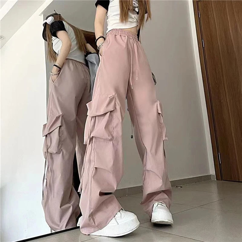 Pantalon cargo femme Y2K taille haute streetwear hip-hop grandes poches, pantalon de survêtement ample à cordon de serrage taille basse décontracté