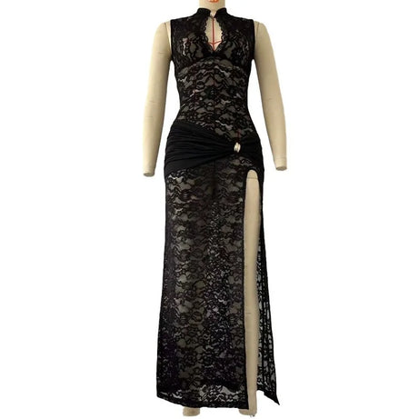 Women Sexy Lace Long Dress Hollow Out Sleeveless High Slit Evening Party Club Dress Vintage Casual Bodycon See Through Vestidos