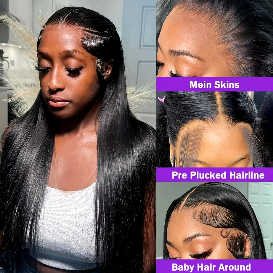 Perruques en cheveux humains raides comme des baguettes, perruque frontale en dentelle HD 13x6, 30 à 40 pouces, pré-épilées, brésiliennes, perruques noires frontales en dentelle 13x4 pour femmes