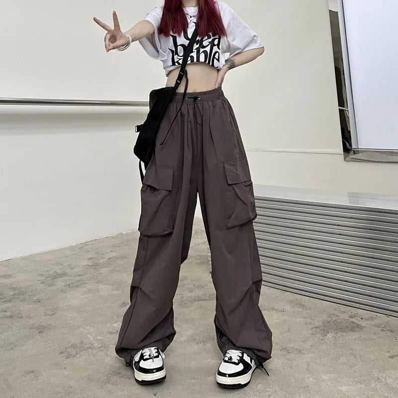 Pantalon cargo ample et décontracté pour femme, taille basse, style jogging, pantalon technique à cordon de serrage, jambes larges, style streetwear Y2K