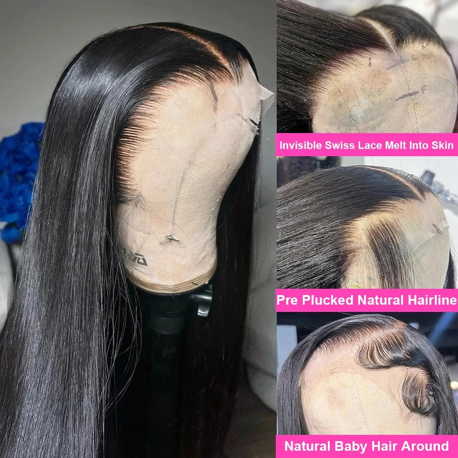 Perruques en cheveux humains raides comme des baguettes, perruque frontale en dentelle HD 13x6, 30 à 40 pouces, pré-épilées, brésiliennes, perruques noires frontales en dentelle 13x4 pour femmes
