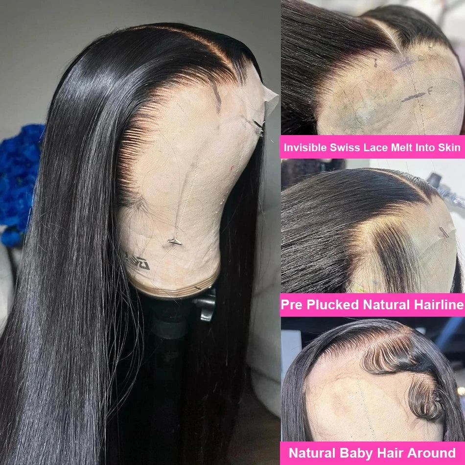 Perruques en cheveux humains raides comme des baguettes, perruque frontale en dentelle HD 13x6, 30 à 40 pouces, pré-épilées, brésiliennes, perruques noires frontales en dentelle 13x4 pour femmes