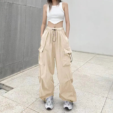 Pantalon cargo ample et décontracté pour femme, taille basse, style jogging, pantalon technique à cordon de serrage, jambes larges, style streetwear Y2K