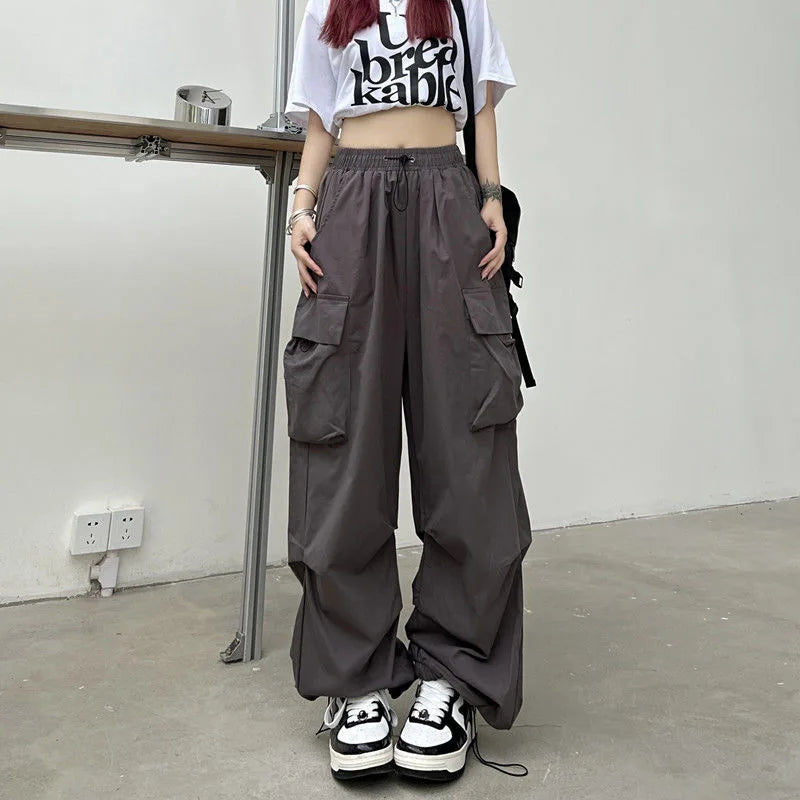 Pantalon cargo ample et décontracté pour femme, taille basse, style jogging, pantalon technique à cordon de serrage, jambes larges, style streetwear Y2K