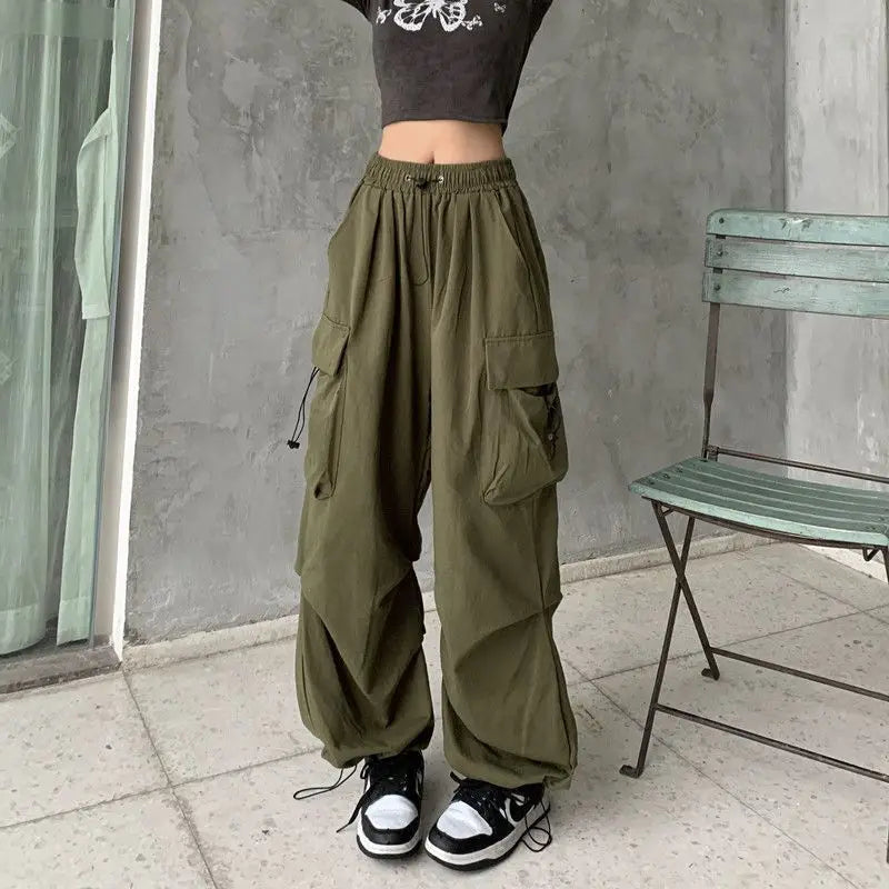 Pantalones cargo holgados informales para mujer, pantalones deportivos de cintura baja, pantalones técnicos con cordón, pantalones anchos holgados, estilo urbano Y2K, pantalones de chándal.