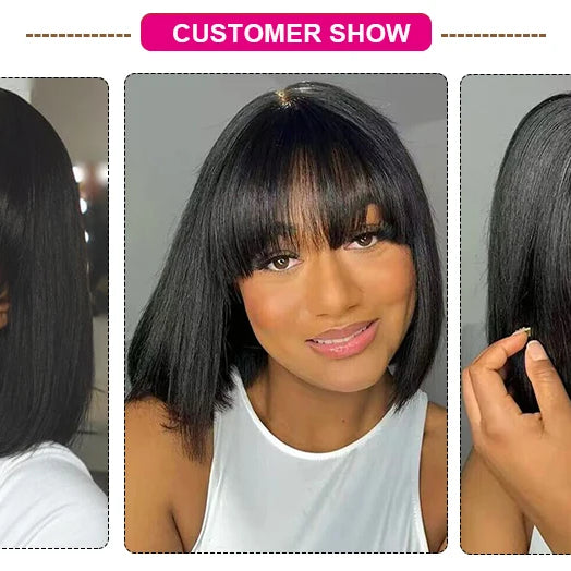 Perruques en cheveux humains lisses avec frange, raie au milieu, coupe au carré, style brésilien, effet cuir chevelu réaliste.