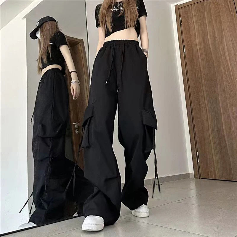 Pantalon cargo femme Y2K taille haute streetwear hip-hop grandes poches, pantalon de survêtement ample à cordon de serrage taille basse décontracté