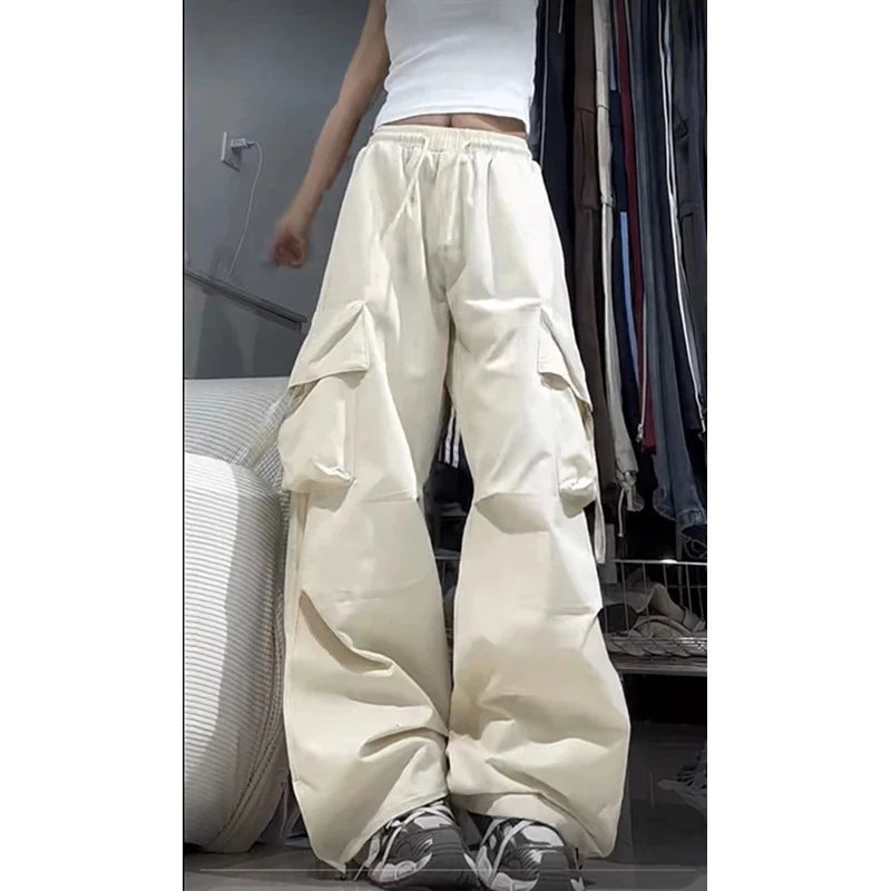 Pantalon cargo femme Y2K taille haute streetwear hip-hop grandes poches, pantalon de survêtement ample à cordon de serrage taille basse décontracté