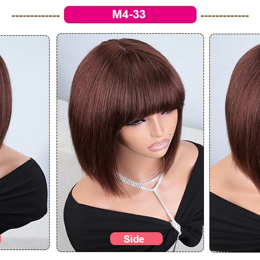 Perruques en cheveux humains lisses avec frange, raie au milieu, coupe au carré, style brésilien, effet cuir chevelu réaliste.