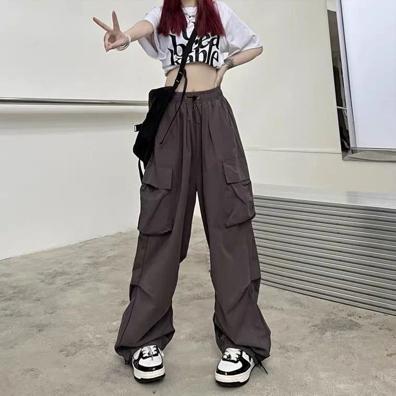 Pantalones cargo holgados informales para mujer, pantalones deportivos de cintura baja, pantalones técnicos con cordón, pantalones anchos holgados, estilo urbano Y2K, pantalones de chándal.