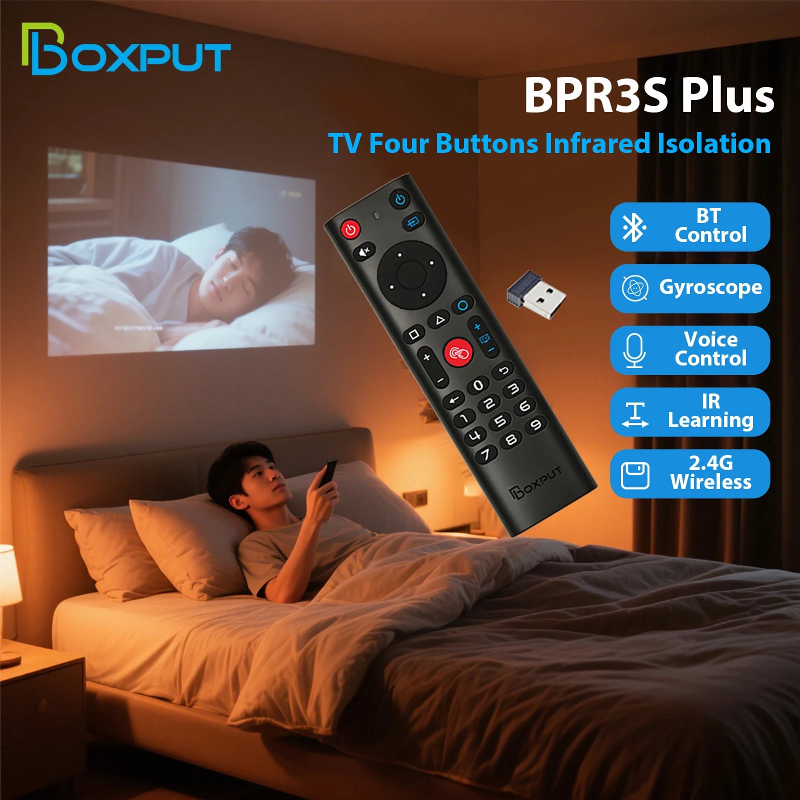 Télécommande sans fil BPR3S PLUS BT Air Mouse avec fonction vocale, apprentissage infrarouge et gyroscope pour boîtier TV Android/PC. Compatible avec les systèmes Android TV et Android TV.