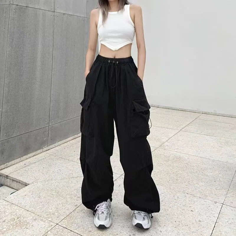 Pantalon cargo ample et décontracté pour femme, taille basse, style jogging, pantalon technique à cordon de serrage, jambes larges, style streetwear Y2K