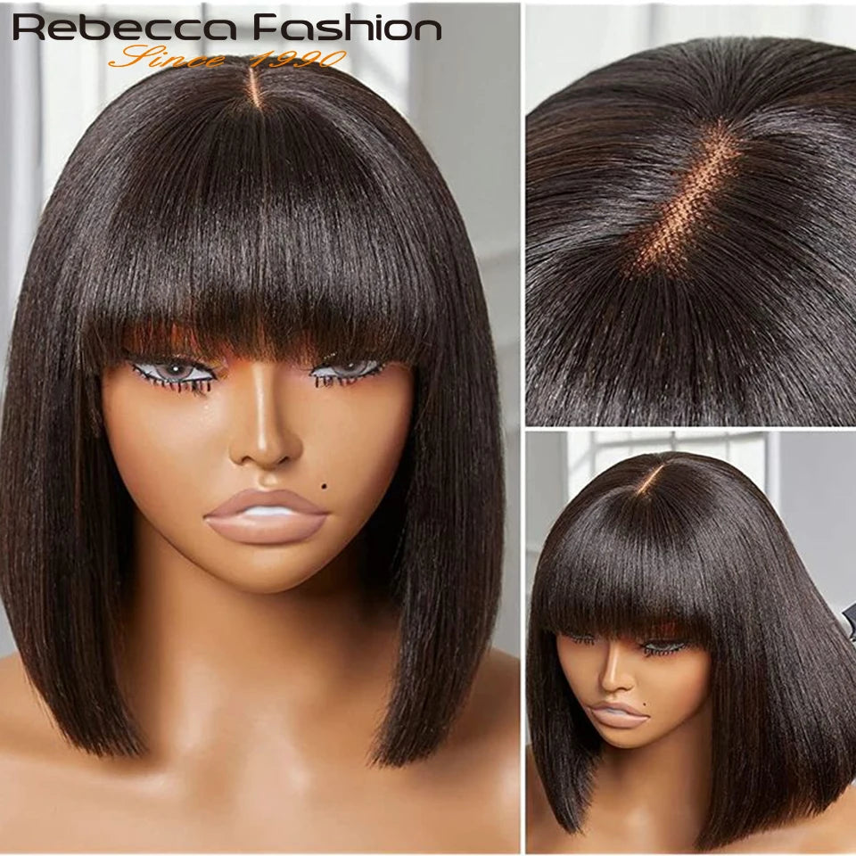 Perruques en cheveux humains lisses avec frange, raie au milieu, coupe au carré, style brésilien, effet cuir chevelu réaliste.
