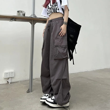 Pantalon cargo ample et décontracté pour femme, taille basse, style jogging, pantalon technique à cordon de serrage, jambes larges, style streetwear Y2K