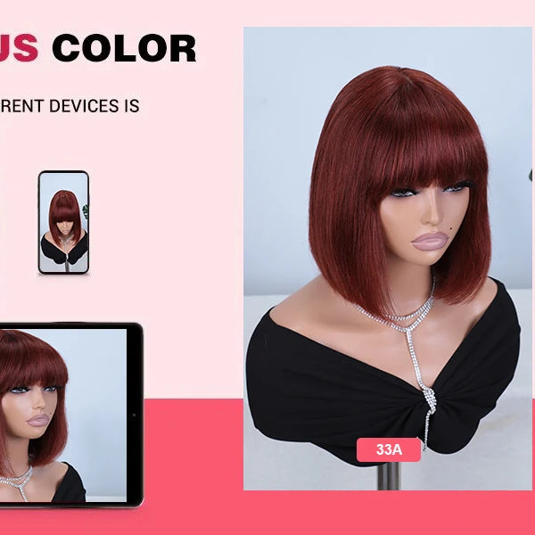 Perruques en cheveux humains lisses avec frange, raie au milieu, coupe au carré, style brésilien, effet cuir chevelu réaliste.
