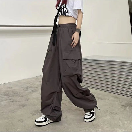 Pantalon cargo ample et décontracté pour femme, taille basse, style jogging, pantalon technique à cordon de serrage, jambes larges, style streetwear Y2K