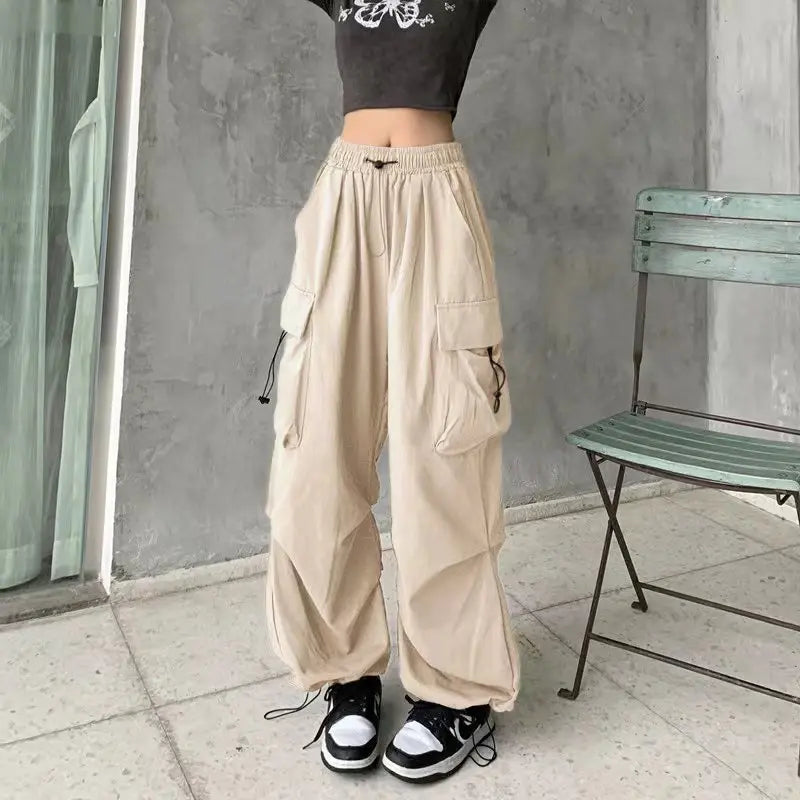 Pantalones cargo holgados informales para mujer, pantalones deportivos de cintura baja, pantalones técnicos con cordón, pantalones anchos holgados, estilo urbano Y2K, pantalones de chándal.