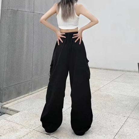 Pantalon cargo ample et décontracté pour femme, taille basse, style jogging, pantalon technique à cordon de serrage, jambes larges, style streetwear Y2K
