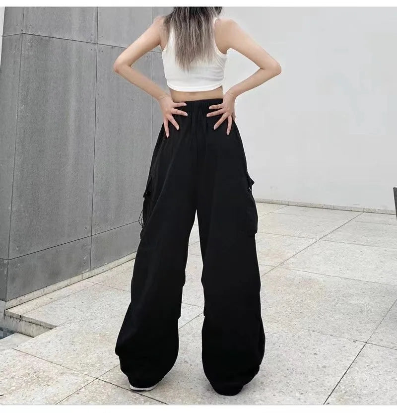 Pantalon cargo ample et décontracté pour femme, taille basse, style jogging, pantalon technique à cordon de serrage, jambes larges, style streetwear Y2K