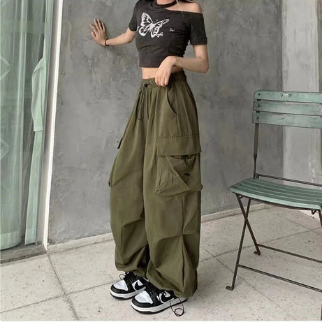 Pantalon cargo ample et décontracté pour femme, taille basse, style jogging, pantalon technique à cordon de serrage, jambes larges, style streetwear Y2K