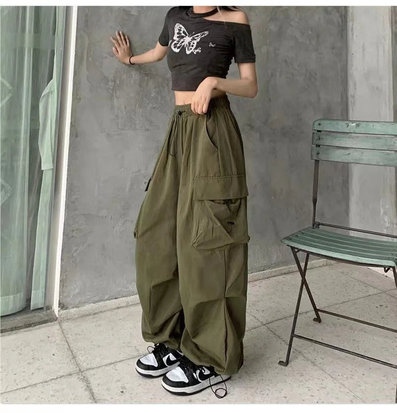 Pantalon cargo ample et décontracté pour femme, taille basse, style jogging, pantalon technique à cordon de serrage, jambes larges, style streetwear Y2K