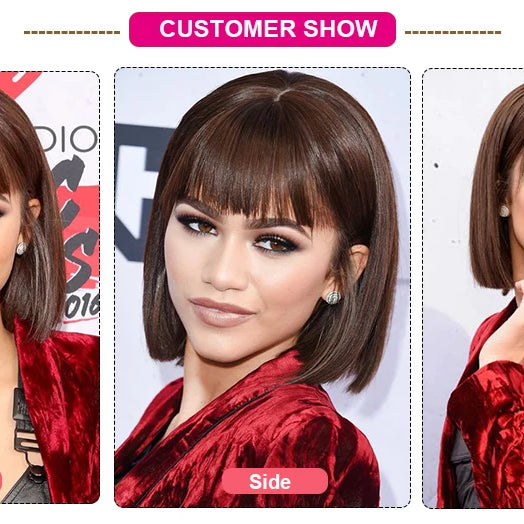 Perruques en cheveux humains lisses avec frange, raie au milieu, coupe au carré, style brésilien, effet cuir chevelu réaliste.