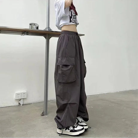 Pantalon cargo ample et décontracté pour femme, taille basse, style jogging, pantalon technique à cordon de serrage, jambes larges, style streetwear Y2K