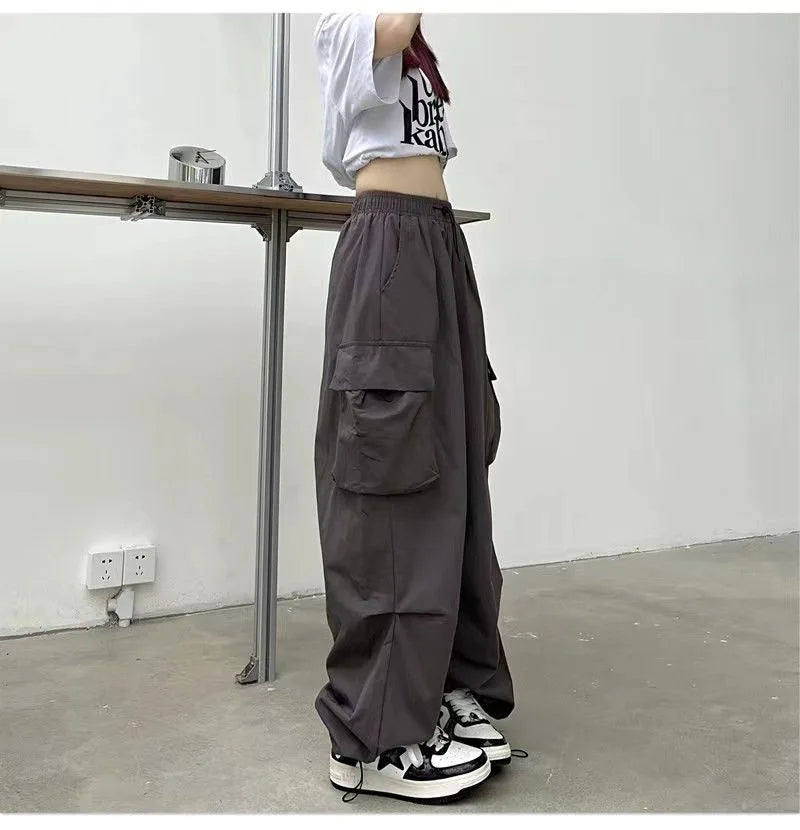 Pantalon cargo ample et décontracté pour femme, taille basse, style jogging, pantalon technique à cordon de serrage, jambes larges, style streetwear Y2K
