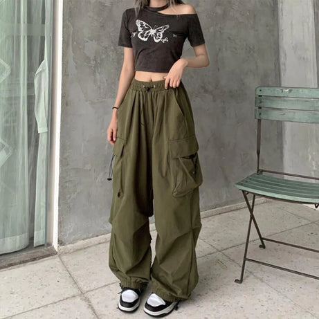 Pantalon cargo ample et décontracté pour femme, taille basse, style jogging, pantalon technique à cordon de serrage, jambes larges, style streetwear Y2K