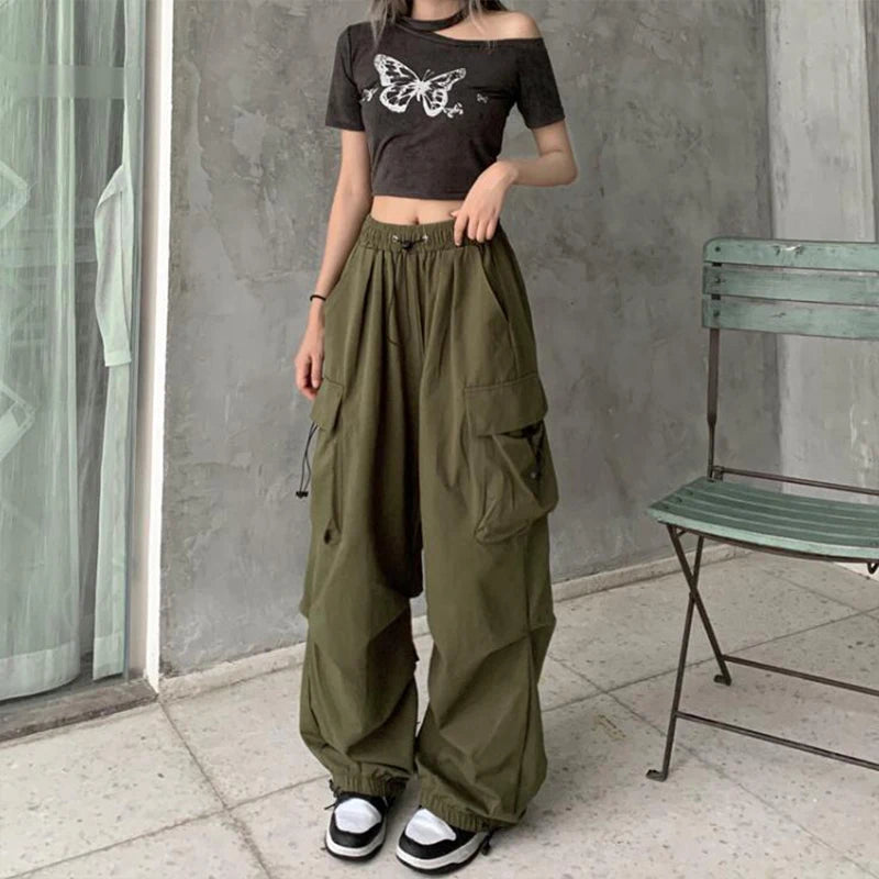Pantalones cargo holgados informales para mujer, pantalones deportivos de cintura baja, pantalones técnicos con cordón, pantalones anchos holgados, estilo urbano Y2K, pantalones de chándal.