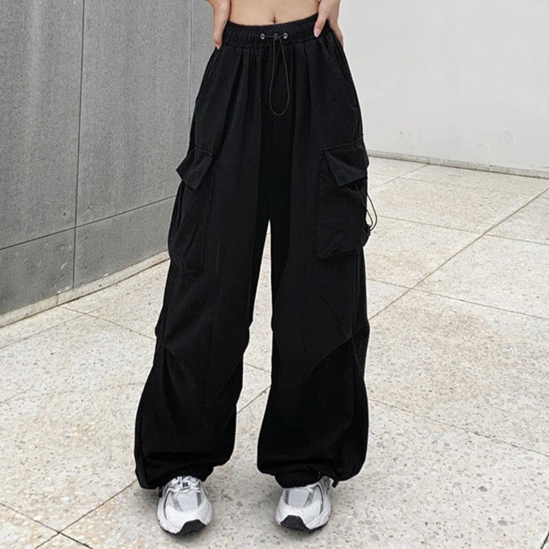 Pantalones cargo holgados informales para mujer, pantalones deportivos de cintura baja, pantalones técnicos con cordón, pantalones anchos holgados, estilo urbano Y2K, pantalones de chándal.
