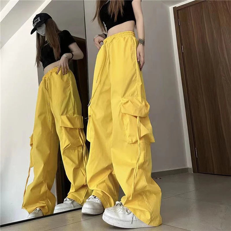 Pantalon cargo femme Y2K taille haute streetwear hip-hop grandes poches, pantalon de survêtement ample à cordon de serrage taille basse décontracté