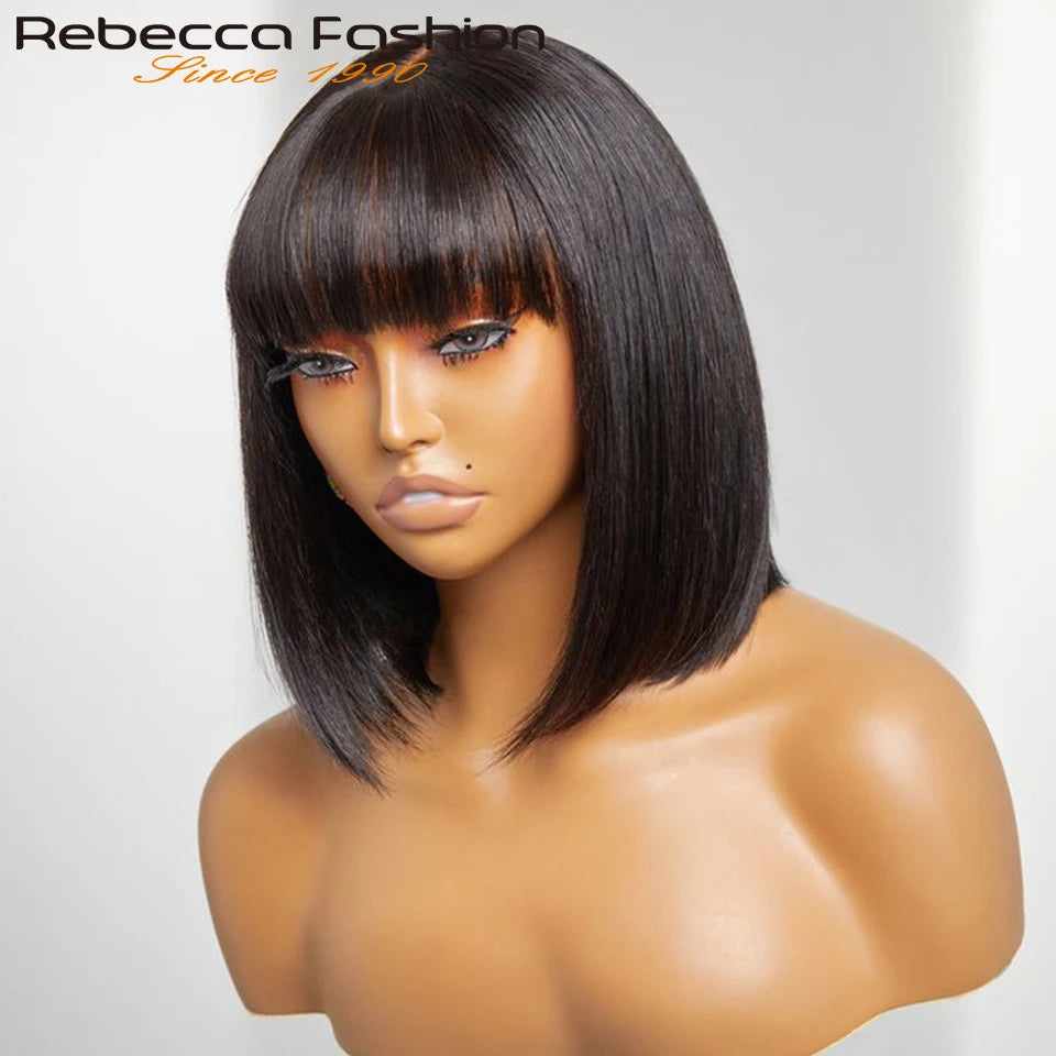 Perruques en cheveux humains lisses avec frange, raie au milieu, coupe au carré, style brésilien, effet cuir chevelu réaliste.