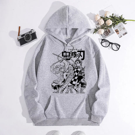 Japanese Anime Demon Slayer Hoodie Unisex Kamado Tanjirou Graphic Sweatshirts Greys Y2k Harajuku Fashion Cartoon Pullover Winter