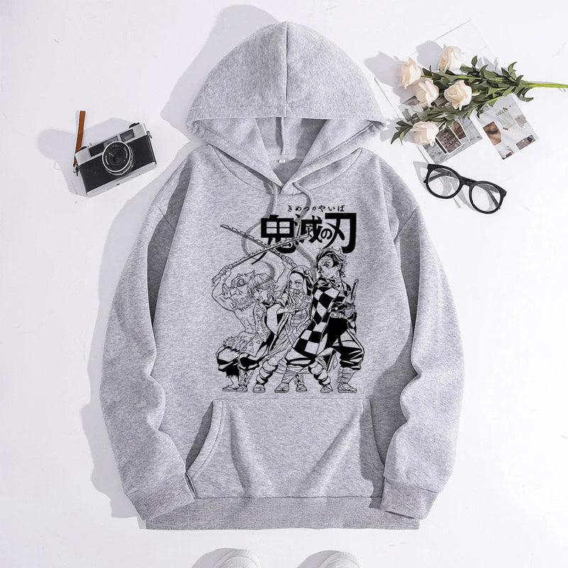 Japanese Anime Demon Slayer Hoodie Unisex Kamado Tanjirou Graphic Sweatshirts Greys Y2k Harajuku Fashion Cartoon Pullover Winter