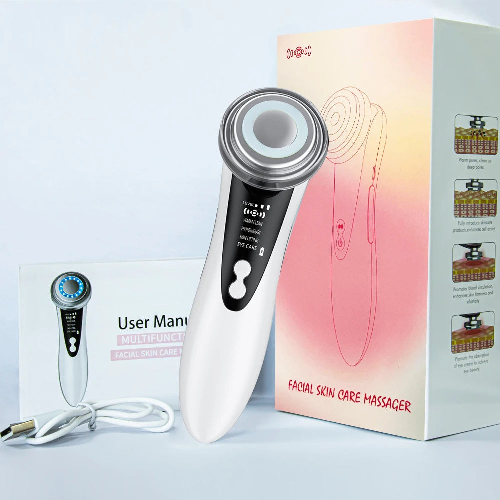 Appareil de massage facial EMS 7 en 1, instrument de beauté pour le visage avec vibrations induites, compresses chaudes et thérapie par la lumière LED.