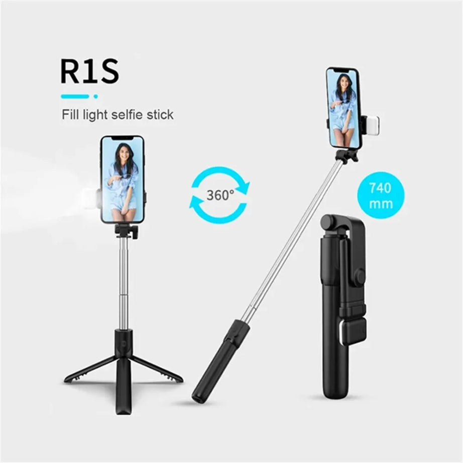 Perche à selfie avec trépied, télécommande Bluetooth et support de téléphone sans fil avec lumière LED intégrée pour le streaming en direct.
