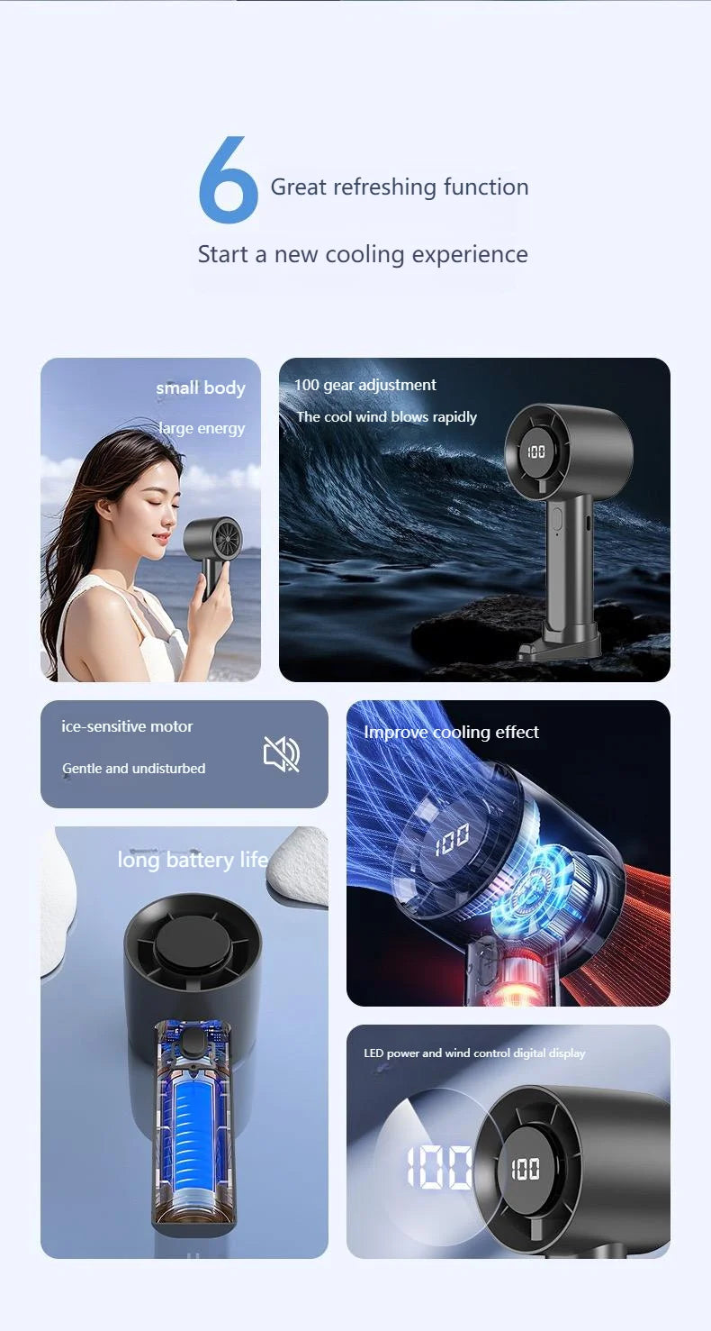 Mini ventilateur portable avec affichage LED, refroidissement par semi-conducteurs, 100 vitesses, batterie rechargeable USB, ventilateur d'extérieur