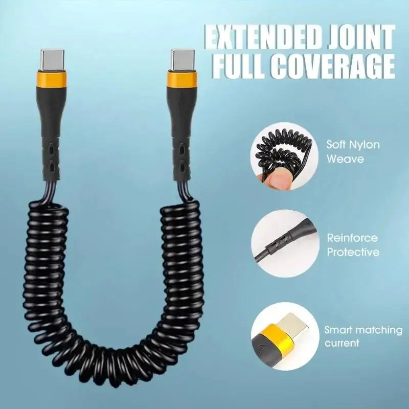 PD 120W Quick Charging Dual Type C Spring Cables For IPhone 15 Huawei Realme Type C To Type C Retractable Fast Charge Data Cord