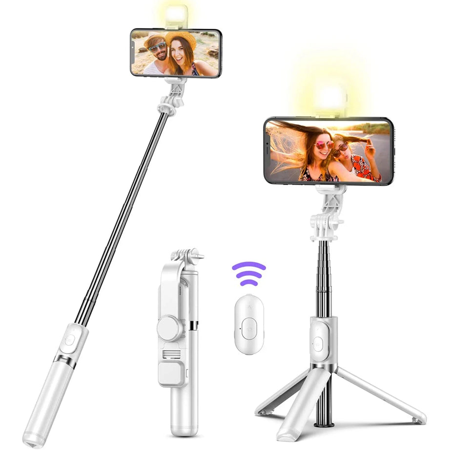 Perche à selfie sans fil Bluetooth avec trépied pliable et portable, éclairage d'appoint et télécommande pour smartphones Android et iPhone.