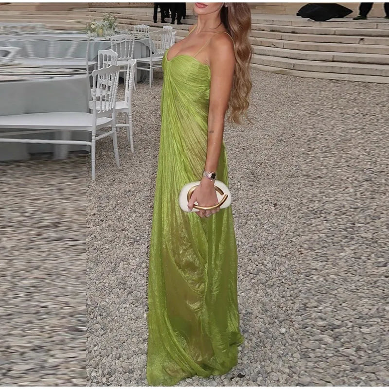 Vestidos de fiesta plisados ​​verdes 2026, nuevos vestidos de verano para mujer, sexys, sin hombros, sin espalda, con tirantes, vestidos largos lisos para mujer